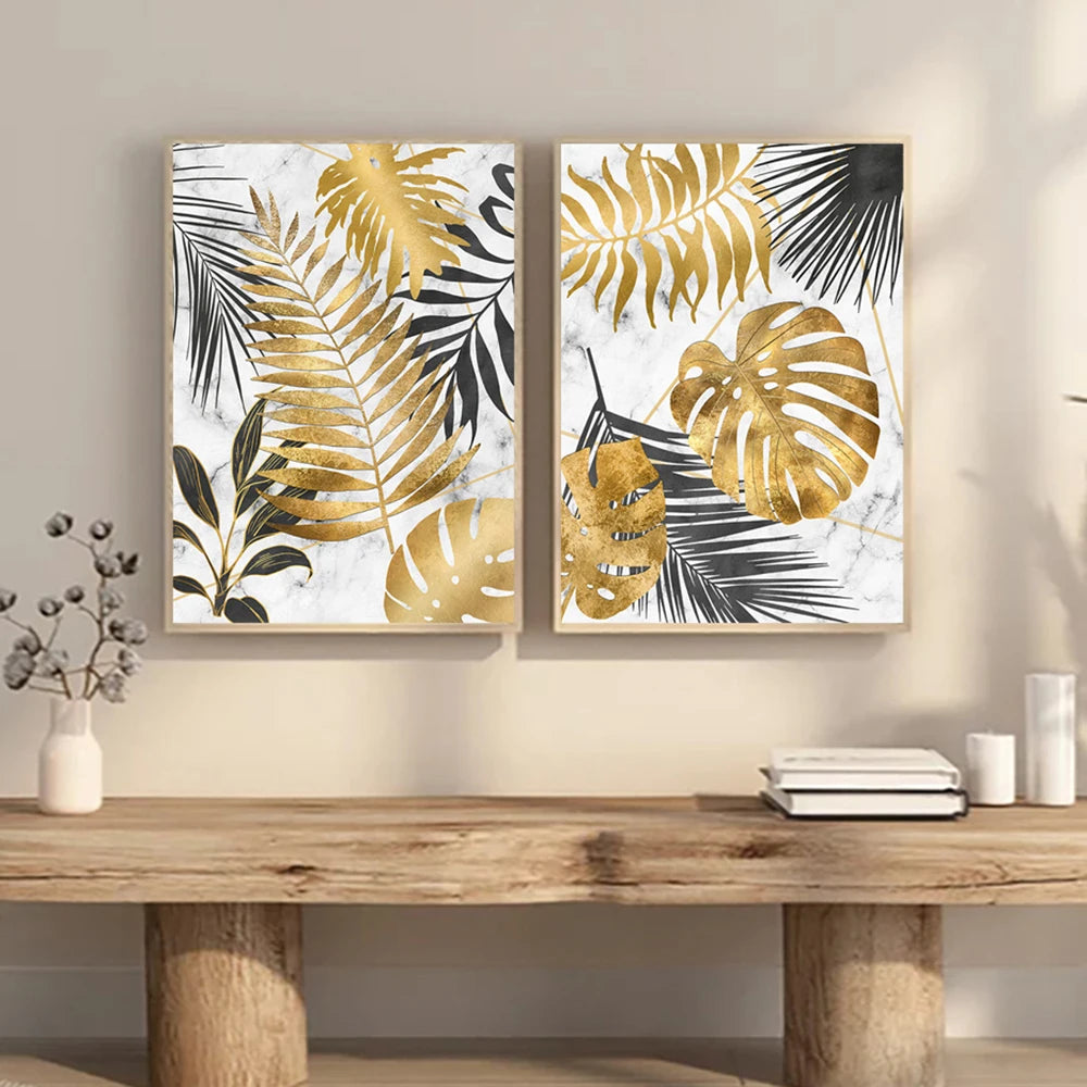 Gold Monstera Leaves Wall Art