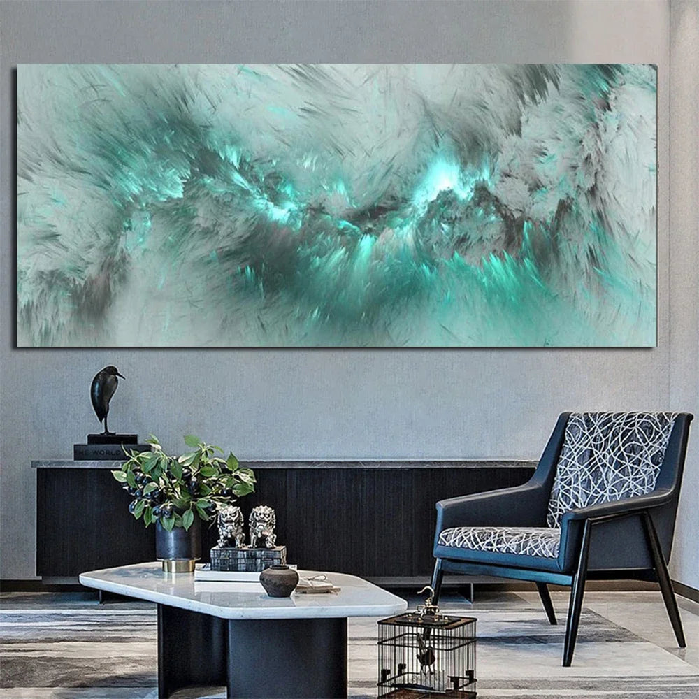 A modern room with a large cyan-blue art canvas on the wall