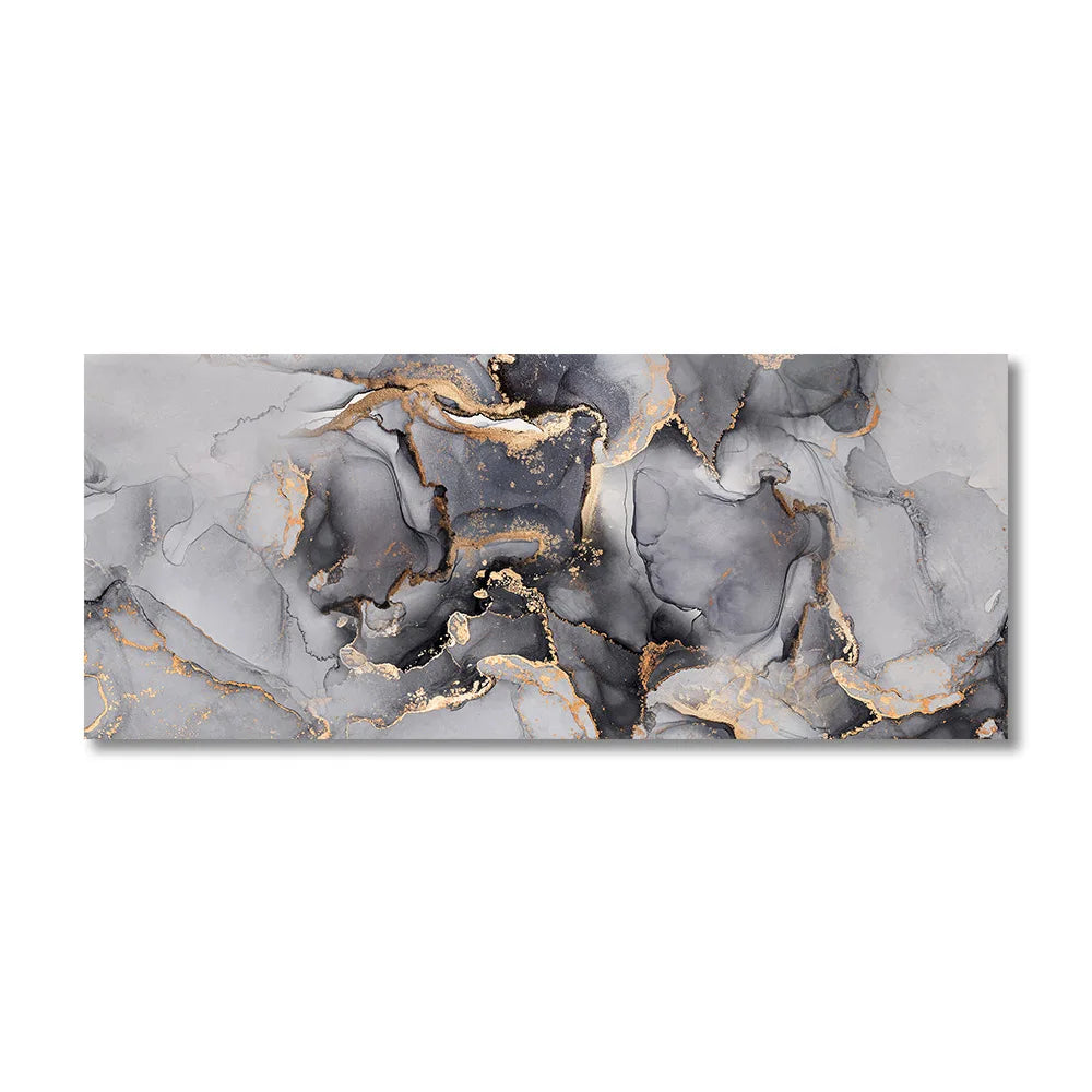 A modern wall art canvas, in shades of grey with gold detail on a white background