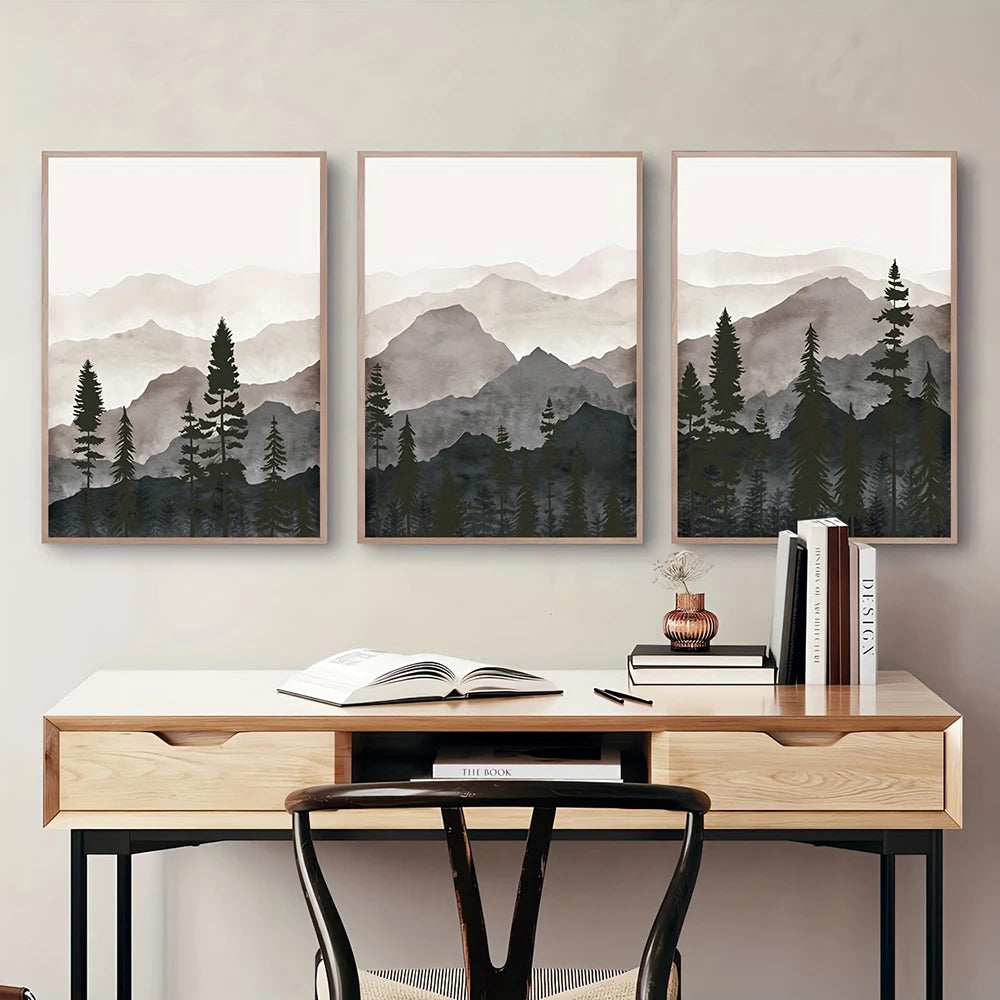 3 canvas prints of a misty forest in a watercolour style