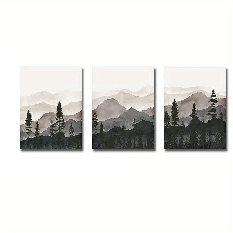 3 canvas prints of a misty forest in a watercolour style - on white background