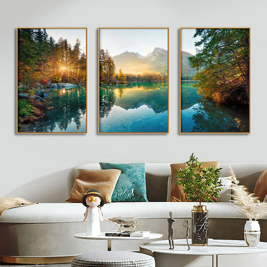 Lake landscape wall art mounted on a living room wall